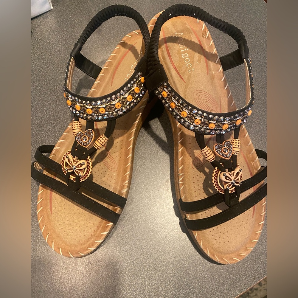 Bohemian Black Beaded Flat Sandals - Size 10